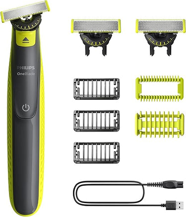 Philips OneBlade 360 Auténtico Barbero, afeitadora y recortadora eléctrica facial y corporal, 3x 360 cuchillas, 3x peine para barba incipiente (1,3,5mm), 1x kit corporal, QP2824/31